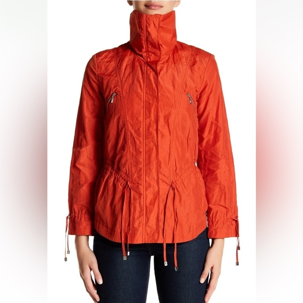 Cole Haan Nylon Orange Front Zip Drawstring Raincoat Jacket sz M